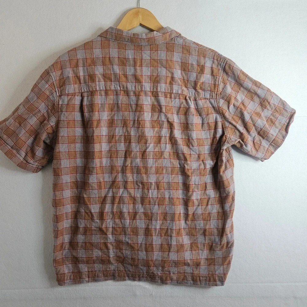Steven Alan Mens Plaid Camp Collar Short Sleeve Shirt Brown Blue Cotton Size M